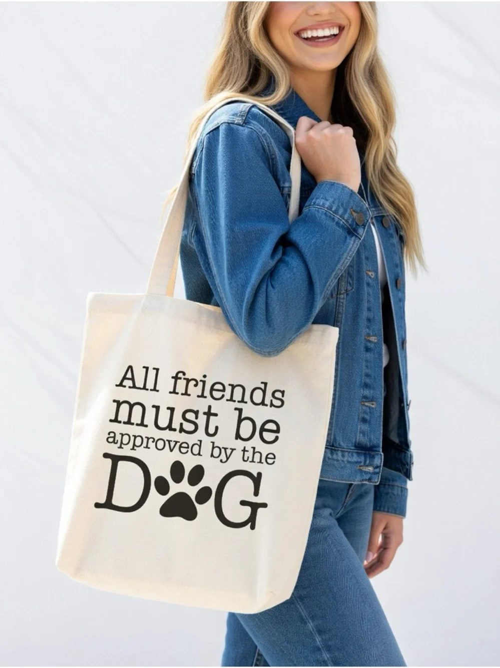 "All Friends Must Be Approved By The Dog" Canvas Tote Bag - NWT - Picture 2 of 3